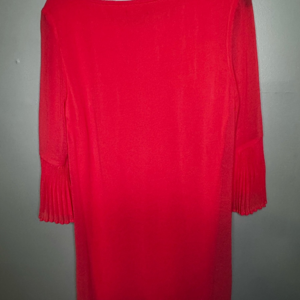 Chloe + Rene Red Coral Tunic Dress Size Small Pleated Bell Sleeve NWT - Picture 5 of 7